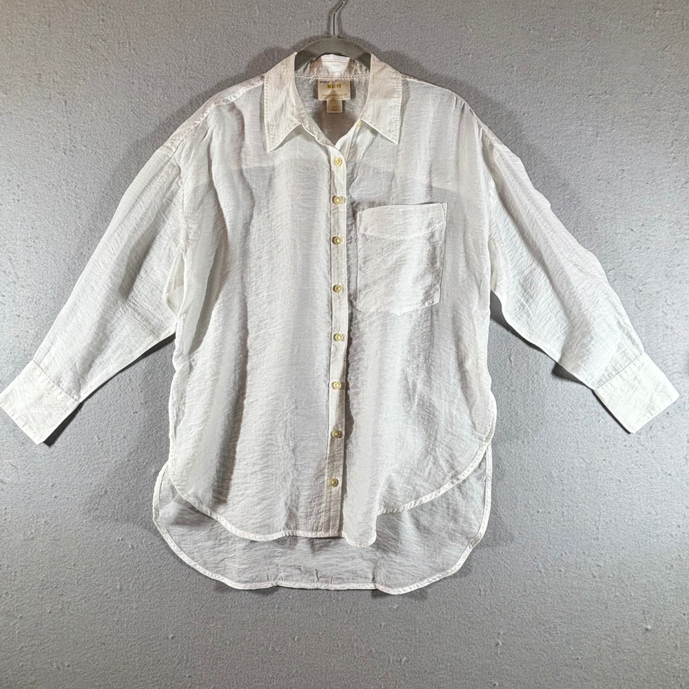 Maeve Anthropologie White Sheer Textured Button Down High Low Shirt XSP